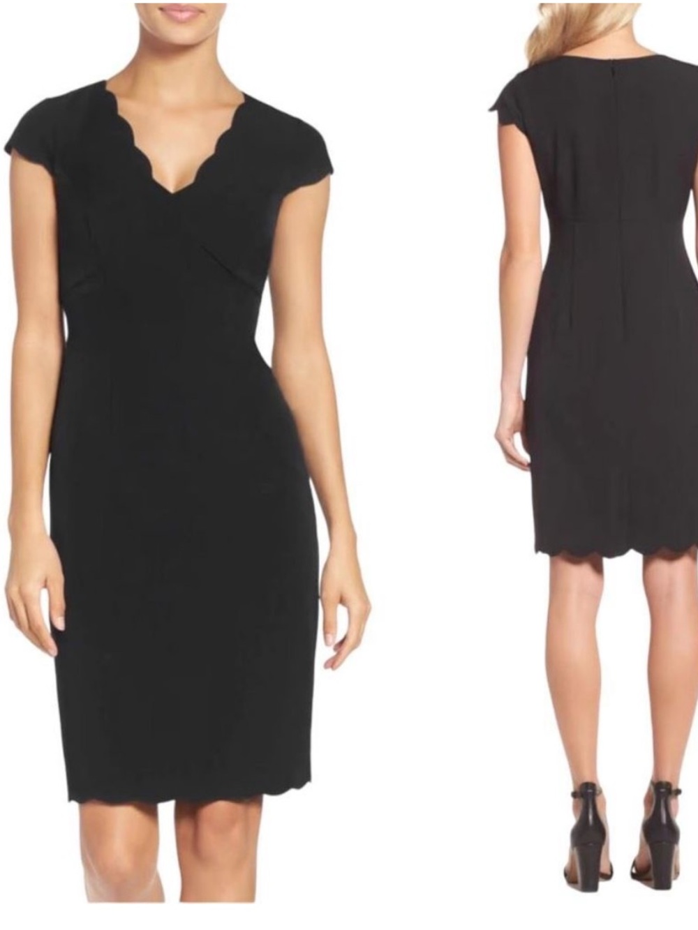 Adrianna Papell Scalloped Crepe Black Sheath Dress Size 12